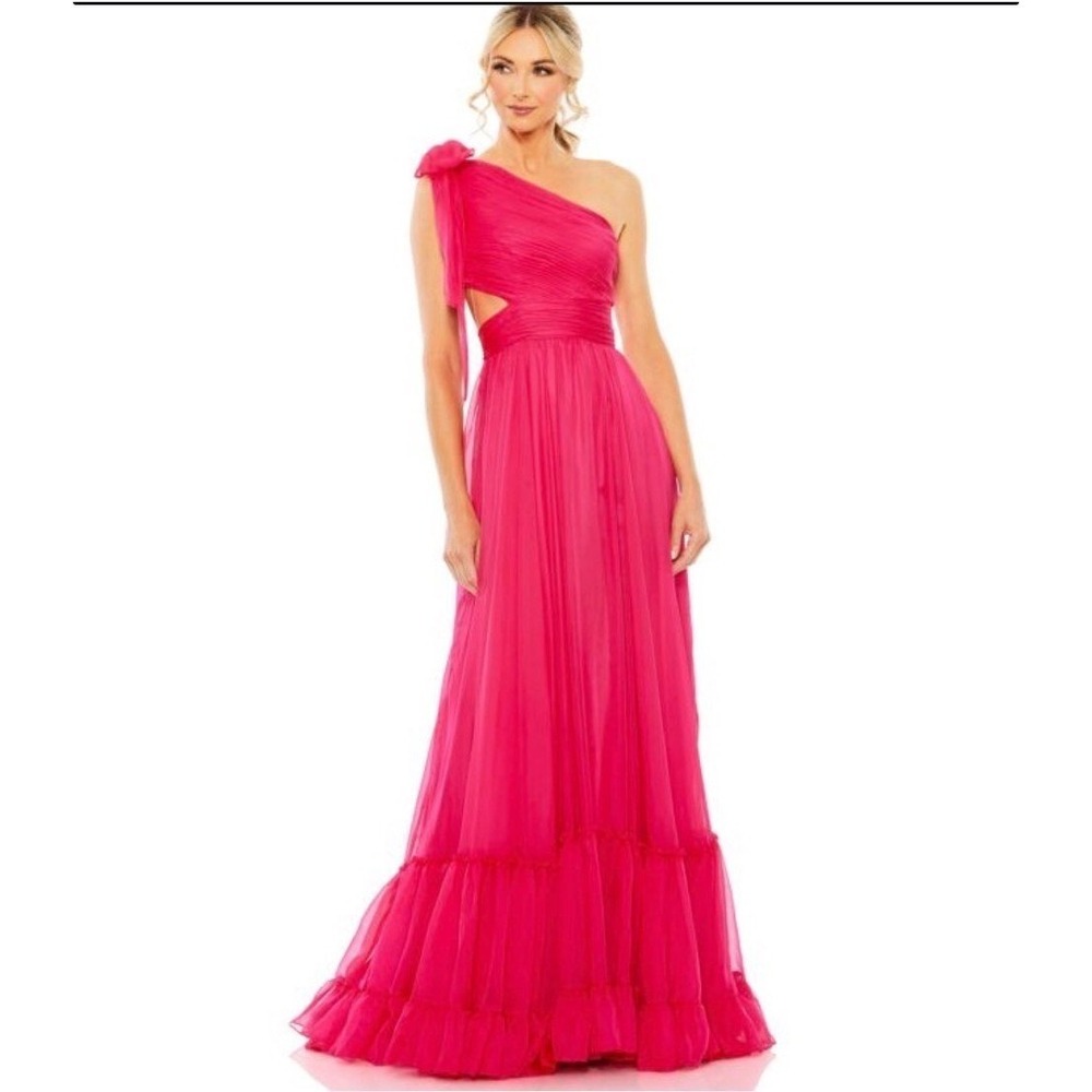 Mac Duggal 68472 One Shoulder Cutout‎ Chiffon Gown Women 2 Hot-Pink Barbiecore